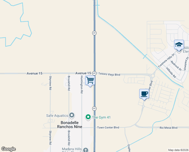 map of restaurants, bars, coffee shops, grocery stores, and more near 14915 California 41 in Madera