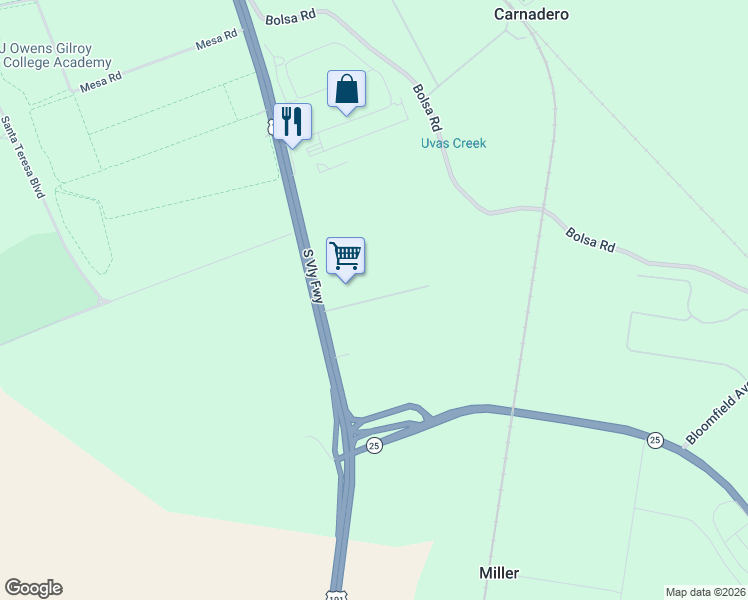 map of restaurants, bars, coffee shops, grocery stores, and more near Monterey Road in Santa Clara County