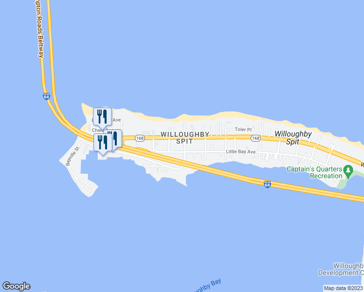 map of restaurants, bars, coffee shops, grocery stores, and more near 9655 13th View Street in Norfolk