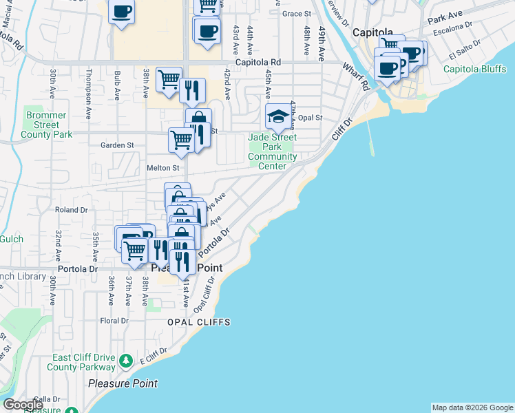 map of restaurants, bars, coffee shops, grocery stores, and more near 4567 Opal Cliff Drive in Santa Cruz