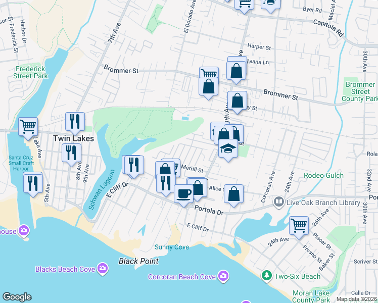 map of restaurants, bars, coffee shops, grocery stores, and more near 1555 Merrill Street in Santa Cruz