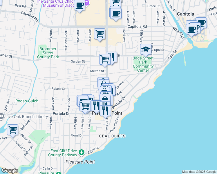 map of restaurants, bars, coffee shops, grocery stores, and more near 1030 41st Avenue in Santa Cruz