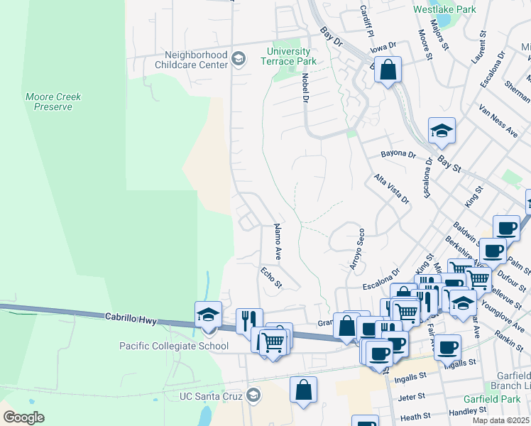 map of restaurants, bars, coffee shops, grocery stores, and more near 325 Alamo Avenue in Santa Cruz