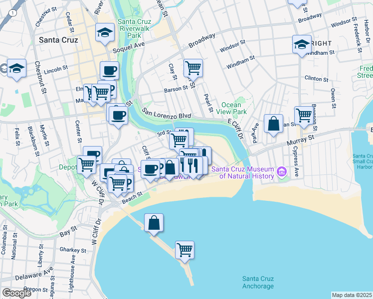 map of restaurants, bars, coffee shops, grocery stores, and more near 152 Raymond Street in Santa Cruz