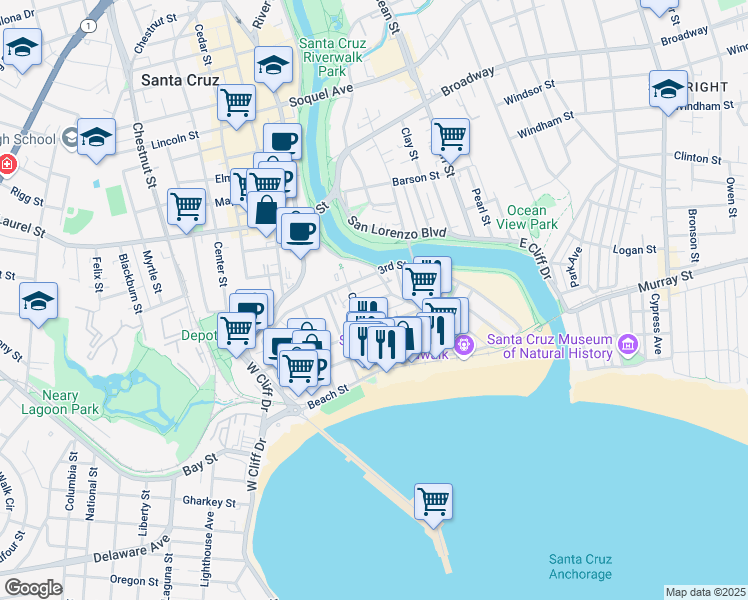 map of restaurants, bars, coffee shops, grocery stores, and more near 304 Cliff Street in Santa Cruz