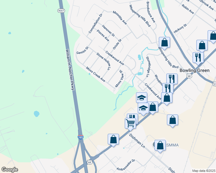 map of restaurants, bars, coffee shops, grocery stores, and more near Stine Hollow Ln in Bowling Green