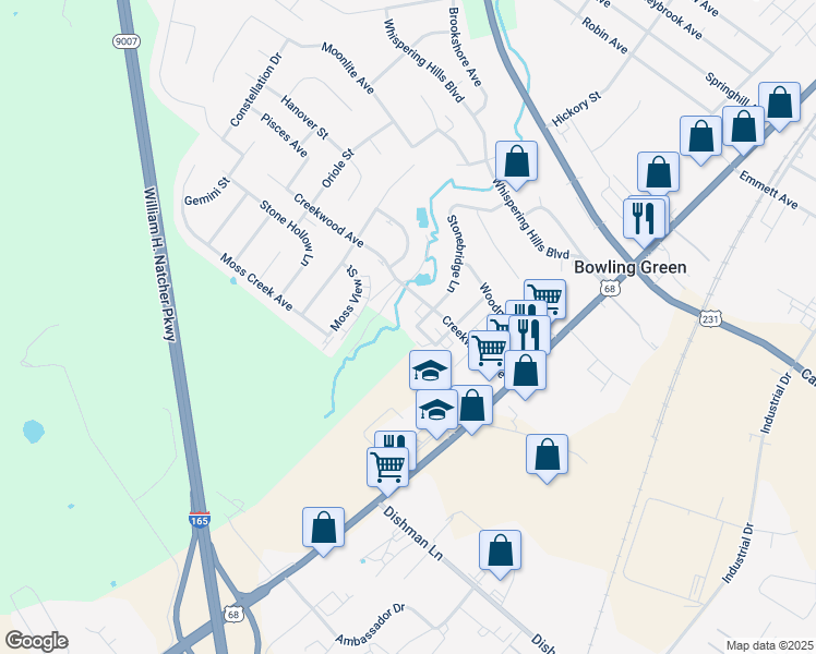 map of restaurants, bars, coffee shops, grocery stores, and more near 142 Westwood Circle in Bowling Green