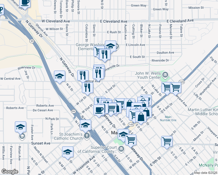 map of restaurants, bars, coffee shops, grocery stores, and more near in Madera