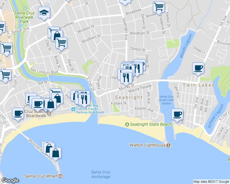 map of restaurants, bars, coffee shops, grocery stores, and more near 317 Brook Avenue in Santa Cruz