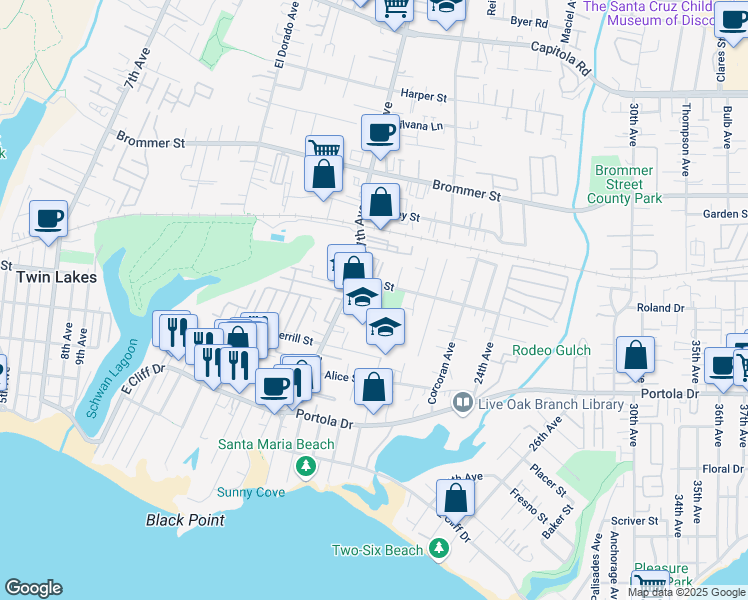 map of restaurants, bars, coffee shops, grocery stores, and more near 1959 Merrill Street in Santa Cruz