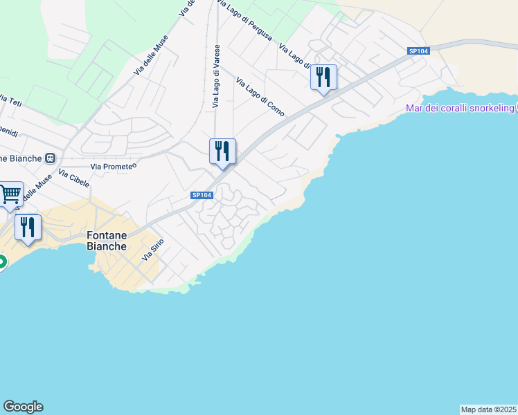 map of restaurants, bars, coffee shops, grocery stores, and more near 433 Viale dei Lidi in Fontane Bianche