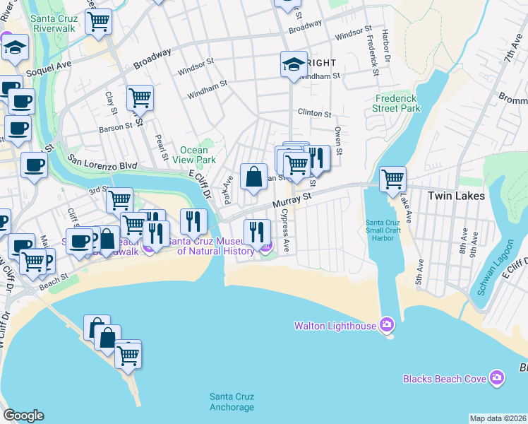 map of restaurants, bars, coffee shops, grocery stores, and more near 317 Brook Avenue in Santa Cruz