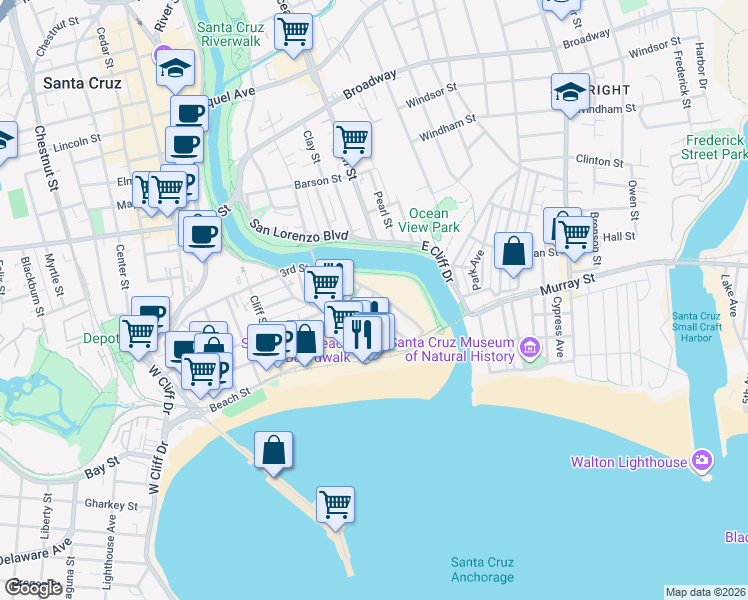 map of restaurants, bars, coffee shops, grocery stores, and more near 140 Park Place in Santa Cruz