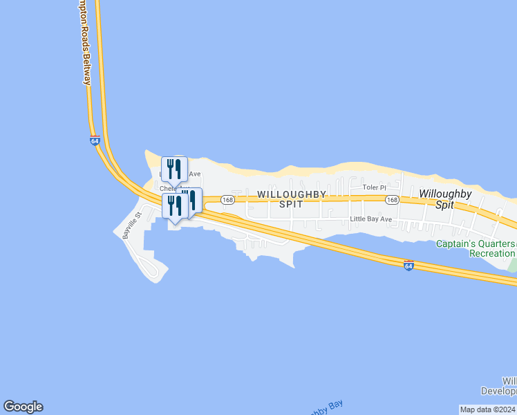 map of restaurants, bars, coffee shops, grocery stores, and more near 1367 West Ocean View Avenue in Norfolk