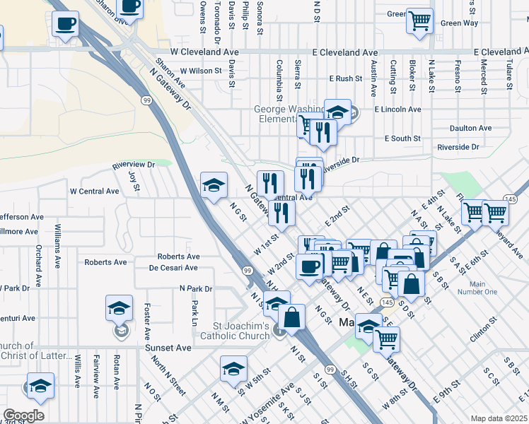 map of restaurants, bars, coffee shops, grocery stores, and more near 608 North Gateway Drive in Madera