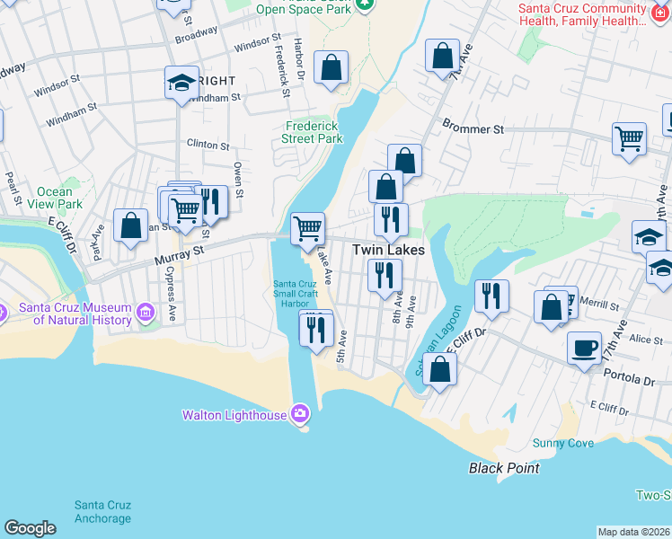map of restaurants, bars, coffee shops, grocery stores, and more near 345 Lake Avenue in Santa Cruz