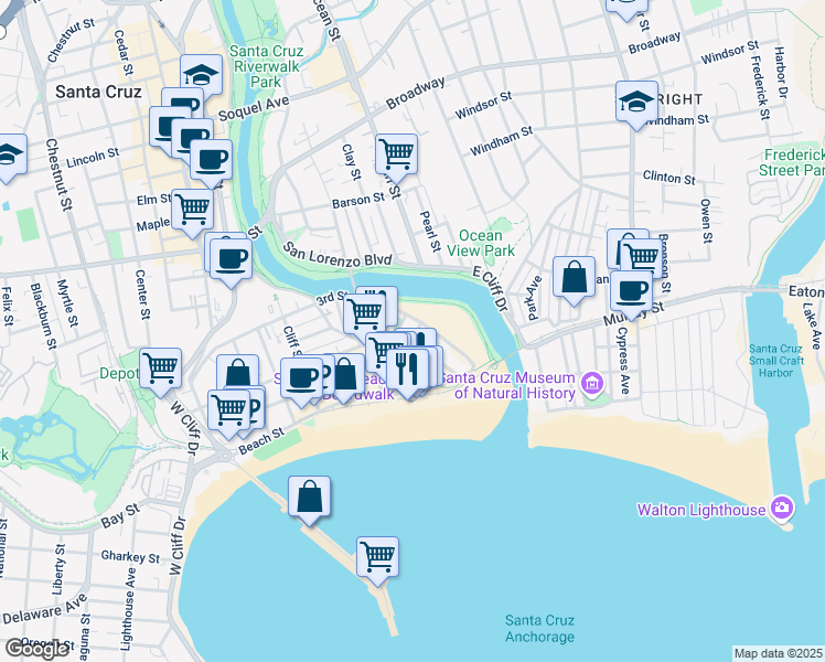 map of restaurants, bars, coffee shops, grocery stores, and more near 140 Park Place in Santa Cruz