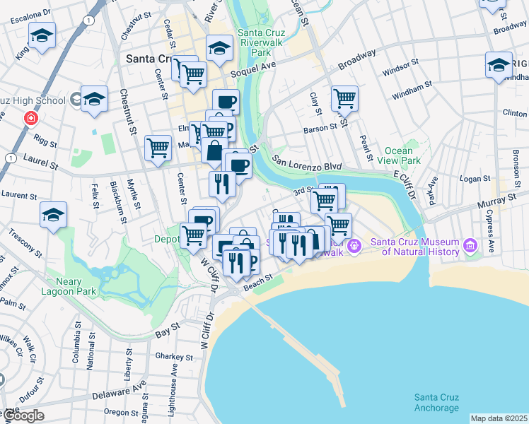 map of restaurants, bars, coffee shops, grocery stores, and more near 118 Younger Way in Santa Cruz