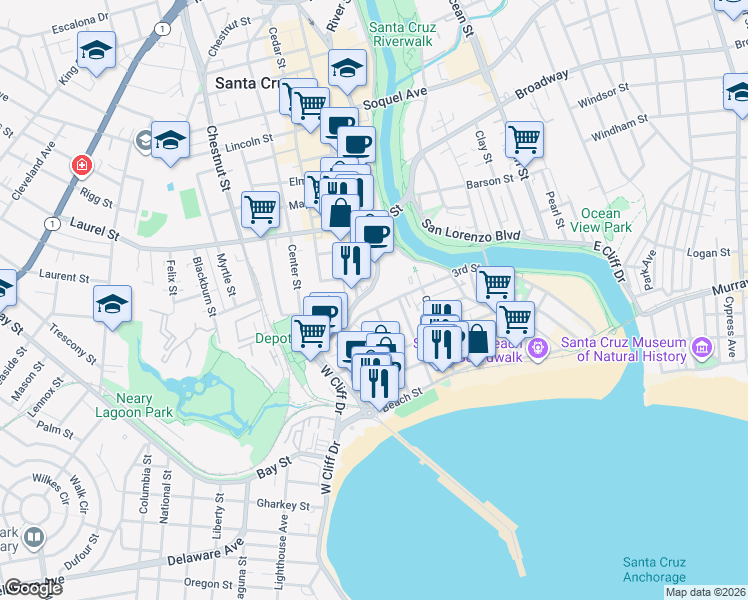 map of restaurants, bars, coffee shops, grocery stores, and more near 333 Main Street in Santa Cruz