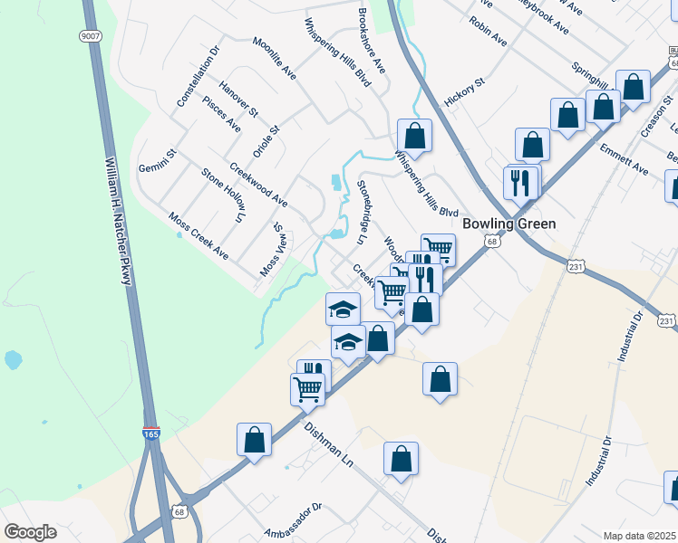 map of restaurants, bars, coffee shops, grocery stores, and more near 130 Westwood Circle in Bowling Green