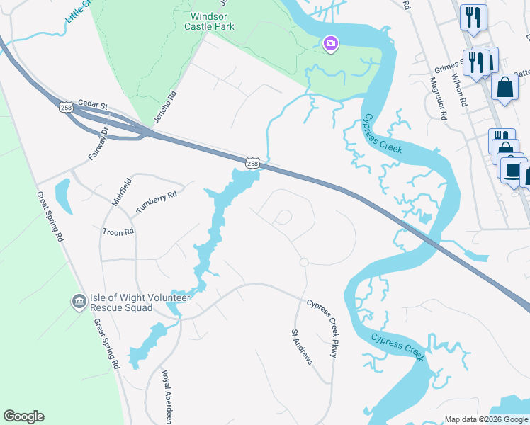 map of restaurants, bars, coffee shops, grocery stores, and more near 225 Ayrshire Loop in Smithfield