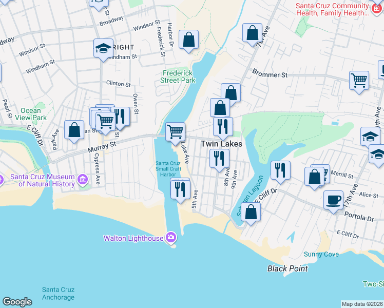 map of restaurants, bars, coffee shops, grocery stores, and more near 345 Lake Avenue in Santa Cruz