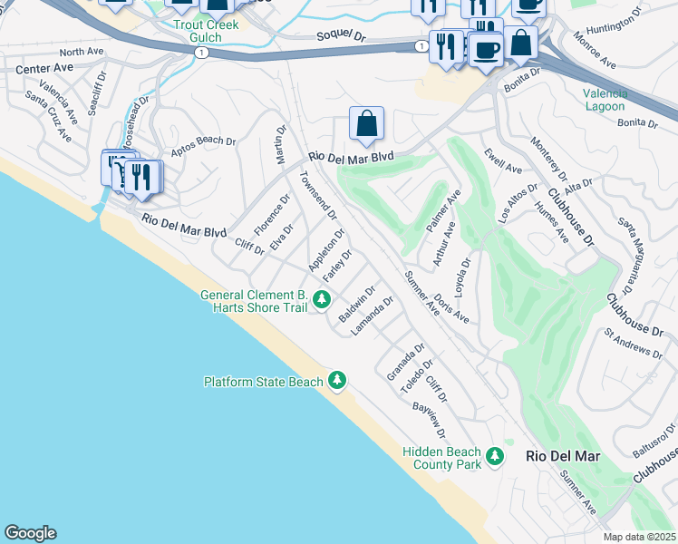 map of restaurants, bars, coffee shops, grocery stores, and more near 210 Farley Drive in Aptos