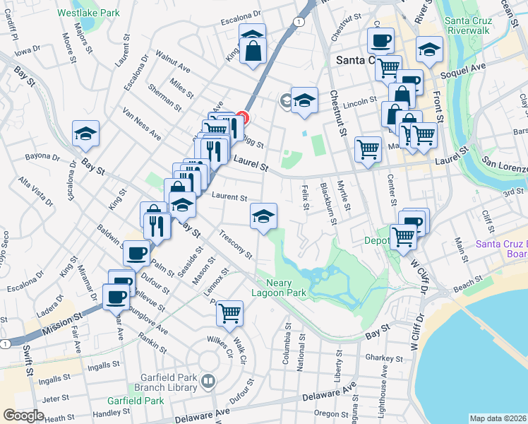 map of restaurants, bars, coffee shops, grocery stores, and more near 322 California Street in Santa Cruz