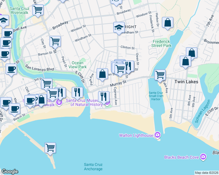 map of restaurants, bars, coffee shops, grocery stores, and more near 315 Mott Avenue in Santa Cruz