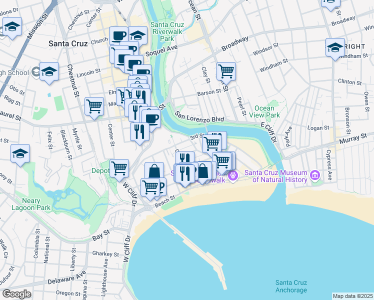 map of restaurants, bars, coffee shops, grocery stores, and more near 120 Trinity Street in Santa Cruz