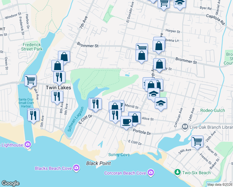 map of restaurants, bars, coffee shops, grocery stores, and more near 755 14th Avenue in Santa Cruz