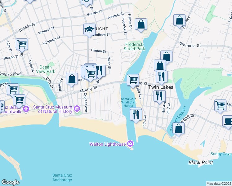 map of restaurants, bars, coffee shops, grocery stores, and more near 132 Fairview Place in Santa Cruz