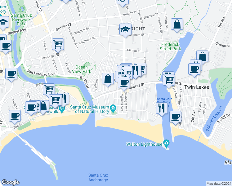 map of restaurants, bars, coffee shops, grocery stores, and more near 519 Seabright Avenue in Santa Cruz