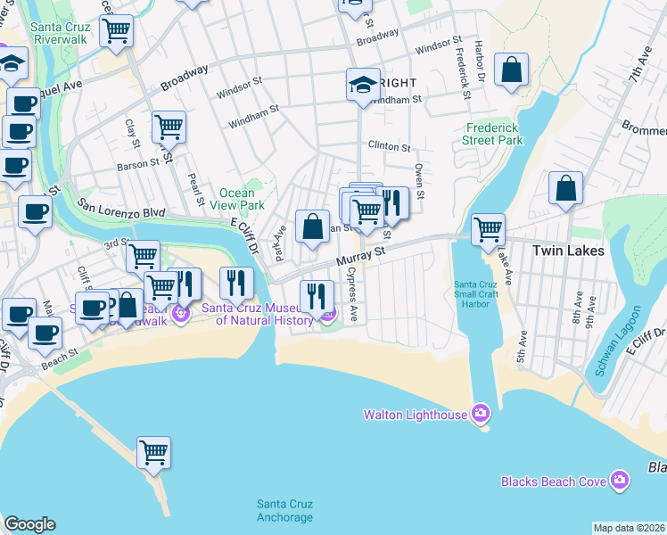 map of restaurants, bars, coffee shops, grocery stores, and more near 112 Mountain View Avenue in Santa Cruz