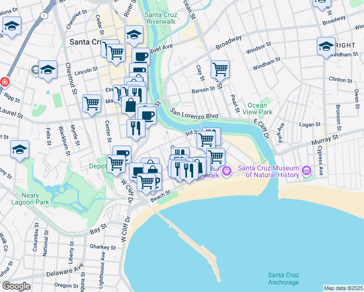 map of restaurants, bars, coffee shops, grocery stores, and more near 706 3rd Street in Santa Cruz