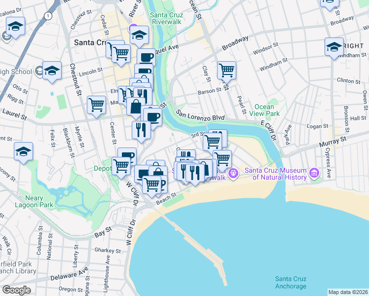map of restaurants, bars, coffee shops, grocery stores, and more near 706 3rd Street in Santa Cruz
