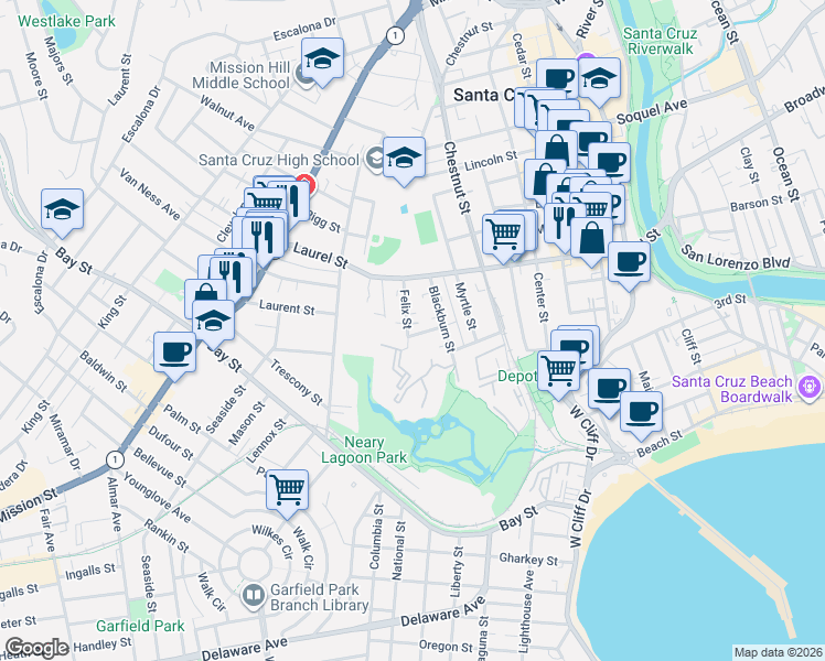 map of restaurants, bars, coffee shops, grocery stores, and more near 227 Felix Street in Santa Cruz