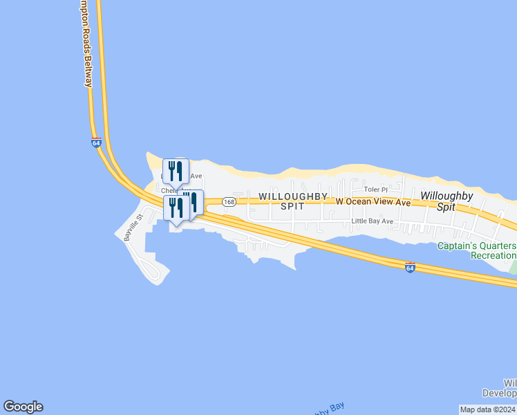map of restaurants, bars, coffee shops, grocery stores, and more near 1360 West Ocean View Avenue in Norfolk