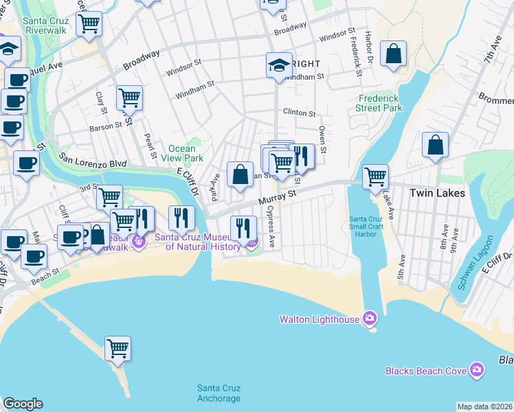 map of restaurants, bars, coffee shops, grocery stores, and more near 112 Mountain View Avenue in Santa Cruz