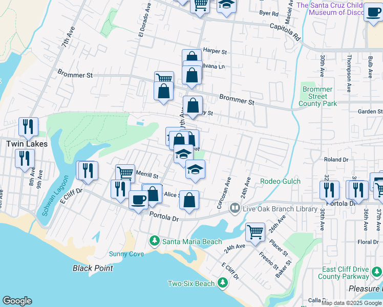 map of restaurants, bars, coffee shops, grocery stores, and more near 1781 Felt Street in Santa Cruz