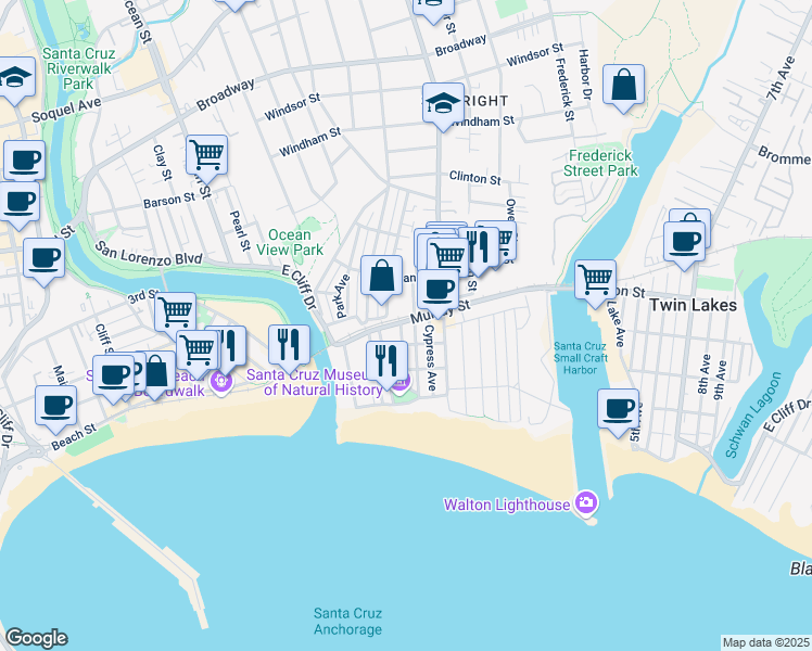 map of restaurants, bars, coffee shops, grocery stores, and more near 406 Murray Street in Santa Cruz
