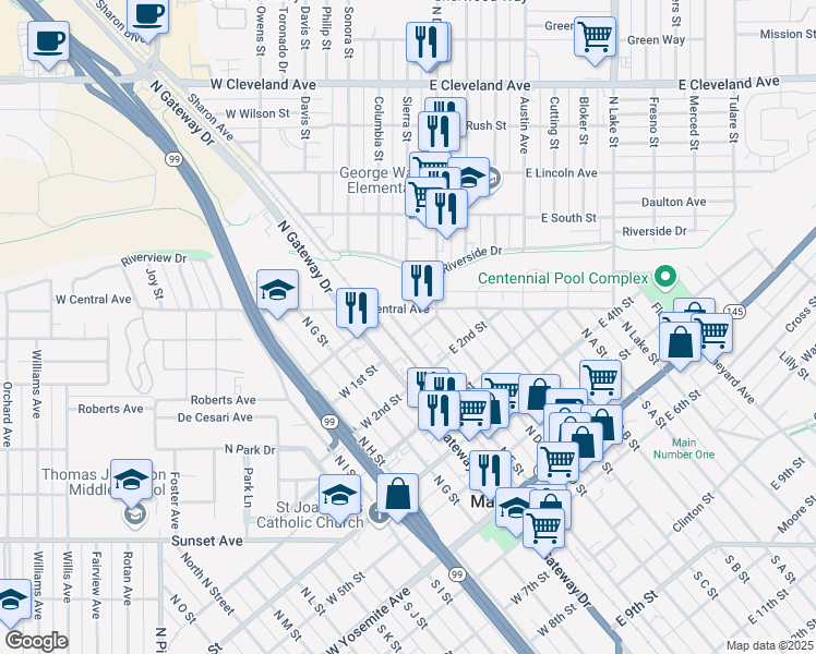 map of restaurants, bars, coffee shops, grocery stores, and more near in Madera