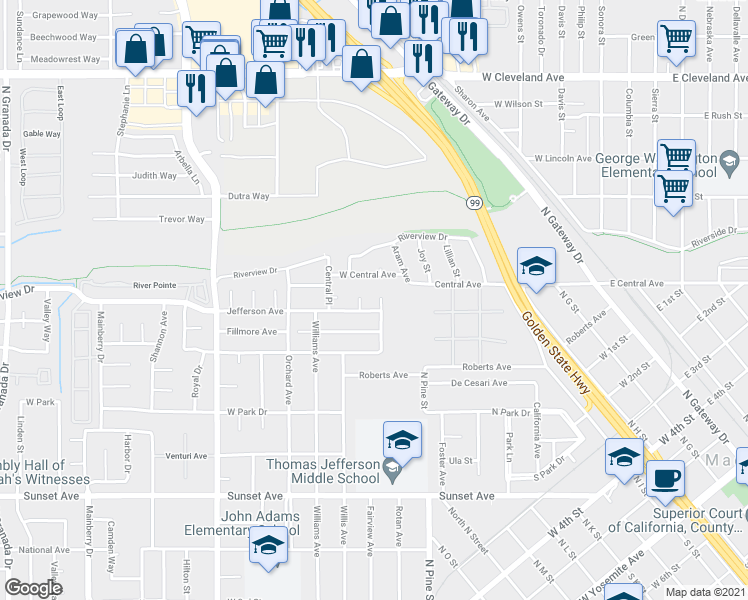 map of restaurants, bars, coffee shops, grocery stores, and more near 962 Harvard Court in Madera