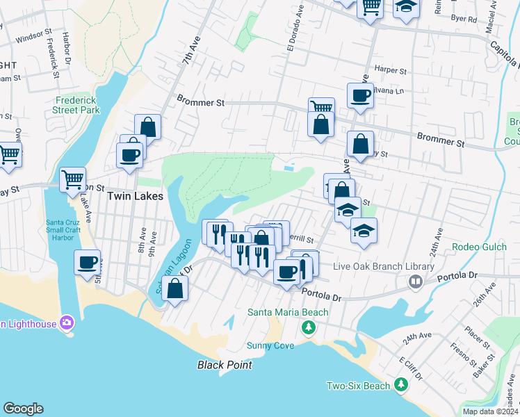 map of restaurants, bars, coffee shops, grocery stores, and more near 755 14th Avenue in Santa Cruz