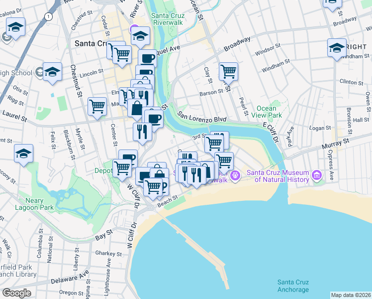 map of restaurants, bars, coffee shops, grocery stores, and more near 706 3rd Street in Santa Cruz