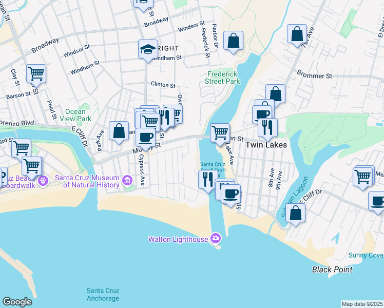 map of restaurants, bars, coffee shops, grocery stores, and more near 132 Fairview Place in Santa Cruz