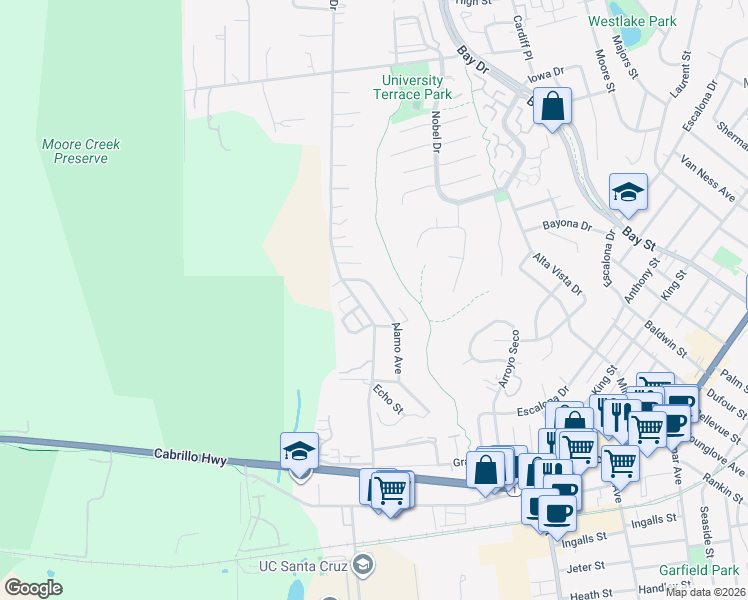 map of restaurants, bars, coffee shops, grocery stores, and more near 333 Alamo Avenue in Santa Cruz