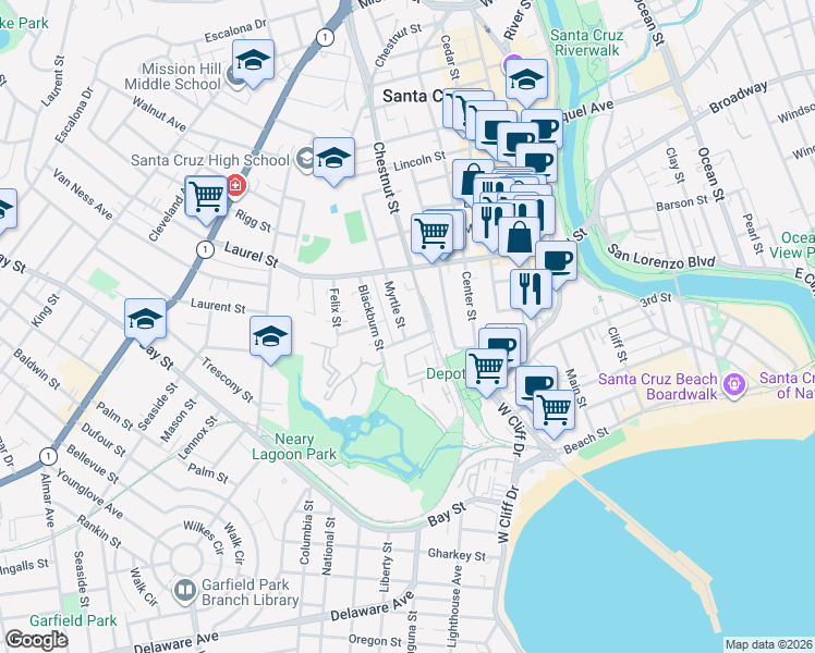 map of restaurants, bars, coffee shops, grocery stores, and more near 128 Myrtle Street in Santa Cruz