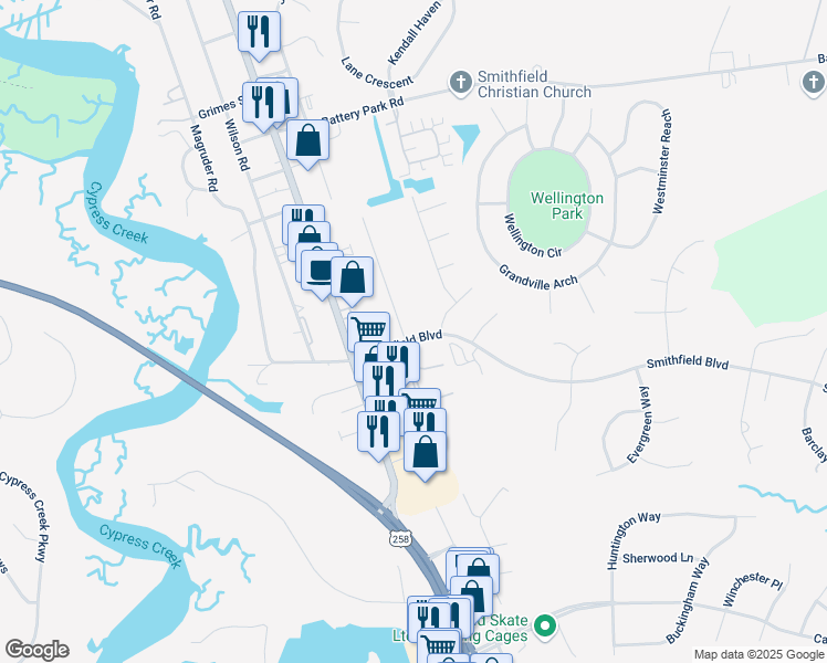 map of restaurants, bars, coffee shops, grocery stores, and more near 1629 Colonial Avenue in Smithfield