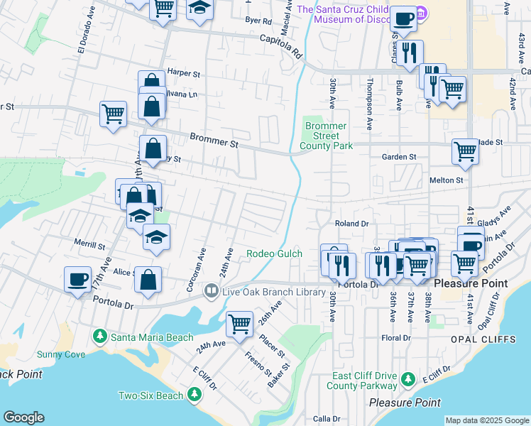 map of restaurants, bars, coffee shops, grocery stores, and more near 1102 Darlene Drive in Santa Cruz